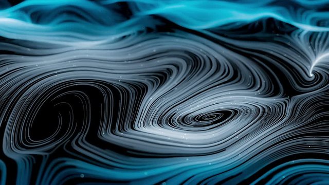 Animation of blue abstract curved lines and shapes evolving in spiral with small white particles following them. Organic look. Shallow depth of field. 3D rendering