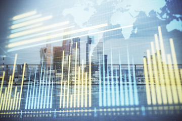 Forex graph with map hologram with city view from roof background. Double exposure. Financial analysis concept.