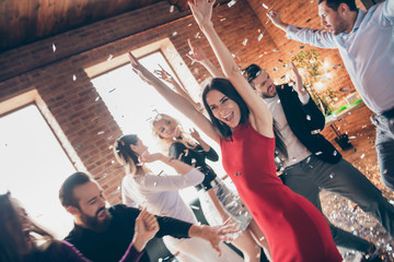Photo of festive group best friends dance floor x-mas party confetti falling amazing crazy chilling...