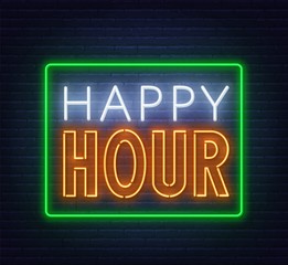 Happy hour neon sign on dark background. Vector illustration.