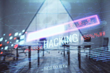 Double exposure of hacking theme hologram on conference room background. Concept of cyberpiracy