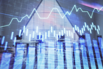 Double exposure of forex chart on conference room background. Concept of stock market analysis