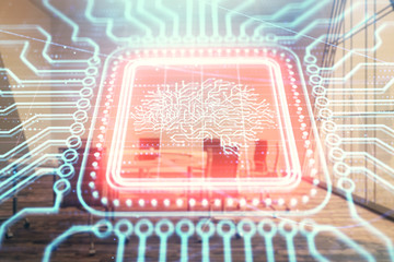 Double exposure of brain drawing hologram on conference room background. Concept of data analysis