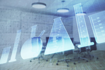 Double exposure of flasks drawing on conference room background. Concept of education