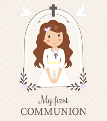 Lovely girl for First Communion. Girl with pigeons and cute frame