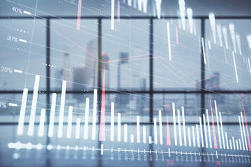 Double exposure of financial chart on empty room interior background. Forex market concept.