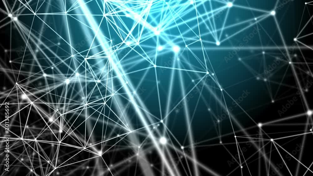 Aufkleber Blinking points plexus structure evolving while camera is changing its depth of field and focus point. Blue abstract technology, science and engineering motion background. 3D rendering
