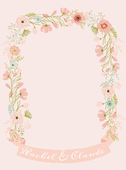 Vector template. Floral illustration on pink background - wreath / frame with pink, green, yellow, blue, white, vivid flowers, green leaves. Ribbon with names. Wedding invitation.