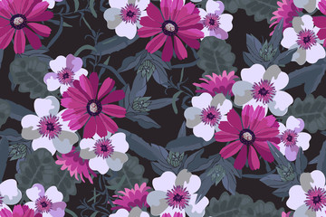 Art floral vector seamless pattern. Pink and white flowers with green leaves. Vector elements Isolated on dark background. For fabric, home and kitchen textile, wallpaper design, wrapping paper.