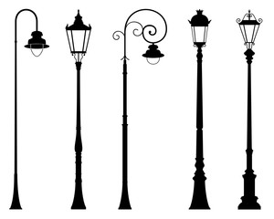 Vector set of decorative street lantern silhouettes in retro style, in black color, isolated, on white background. 