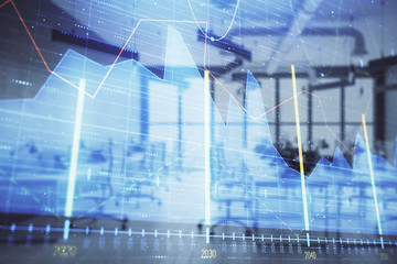 Stock and bond market graph with trading desk bank office interior on background. Multi exposure. Concept of financial analysis