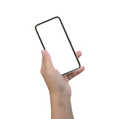 Female hand holding white cellphone with white screen at isolated background.