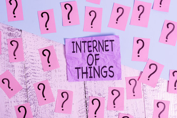 Text sign showing Internet Of Things. Business photo showcasing connection of Devices to the Net to Send Receive Data Scribbled and crumbling papers with thick cardboard above wooden table
