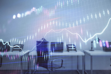 Stock and bond market graph with trading desk bank office interior on background. Multi exposure. Concept of financial analysis