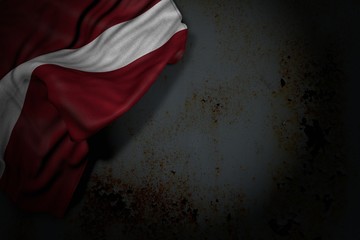 pretty dark photo of Latvia flag with large folds on rusty metal with empty place for content - any celebration flag 3d illustration..