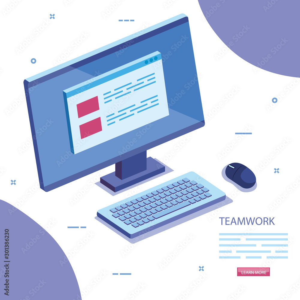 Poster teamwork scene with computer desk icon vector illustration design