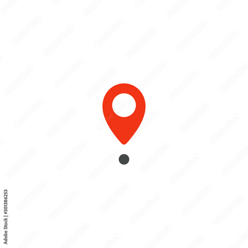 Fototapete Location pin icon. Red pointer. Simple flat point template. Infographic design element for navigation app, place on map mark. Isolated vector illustration on white background.