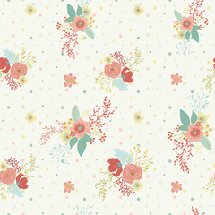 Vector floral seamless pattern on beige background with flower bouquets and buds. Modern design for wedding, invitations, paper, cover, fabric, interior decor, etc. Ideal for baby girl design.