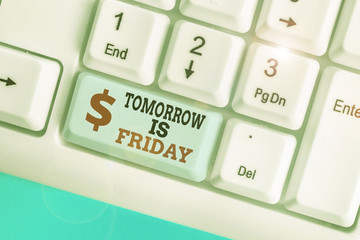 Conceptual hand writing showing Tomorrow Is Friday. Concept meaning Weekend Happy holiday taking...