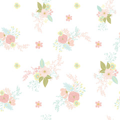 Vector floral seamless pattern on white background with flower bouquet and buds. Modern design for wedding, invitations, paper, cover, fabric, interior decor, etc. Ideal for baby girl design.