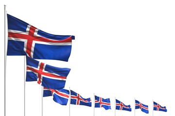 pretty any holiday flag 3d illustration. - many Iceland flags placed diagonal isolated on white with place for your content