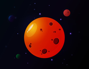 Mars, the orange planet with craters all over it in the middle of space with small stars and other planet surrounding it. Vector Illustration on dark background for kids astronomy book and lesson. 