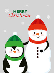 merry christmas poster with snowman and penguin vector illustration design
