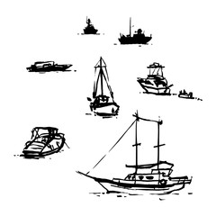 Digitalized sketches - various boats drawn in Bodrum on plain air. Brushpen and india ink.