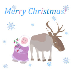 Obraz na płótnie Canvas Man in traditional eskimo costume with arctic reindeer with sprig of christmas tree with balls. greeting card vector illustration