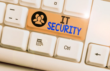 Text sign showing It Security. Business photo text protection of data or digital asset against unauthorized access White pc keyboard with empty note paper above white background key copy space