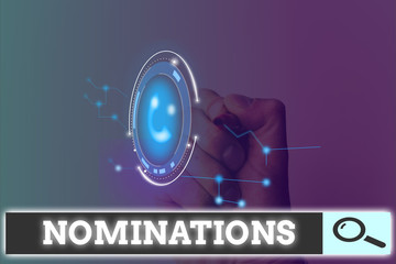 Obraz premium Writing note showing Nominations. Business concept for the act of officially suggesting someone for a job or position