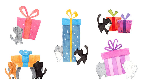 Set of cats are pushing the gift box. Watercolor hand painting illustration on white background. Copy space for your text. Design for greeting cards, gift cards, Christmas, New year, pet advertising.