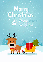 Deer Santa with sleigh, gift and Christmas tree