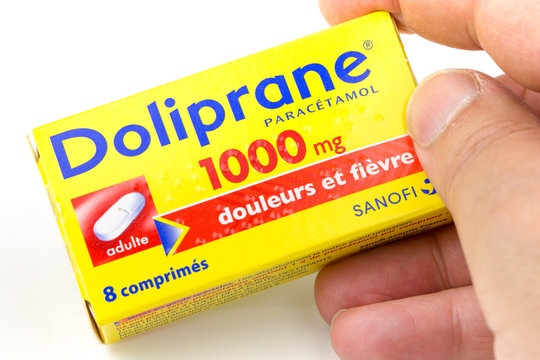 Box of doliprane, a paracetamol-based analgesic commonly used for pain and headaches