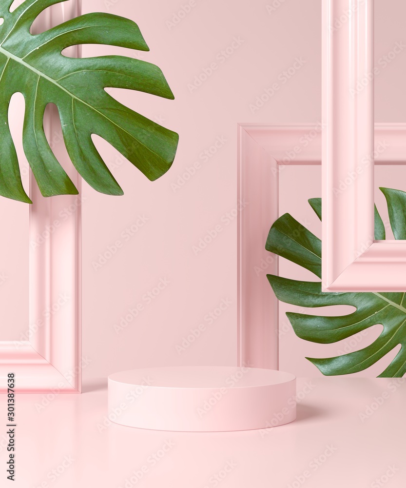Poster abstract pink geometry shape background with frame and plant. podium minimalist mock up scene. 3d re