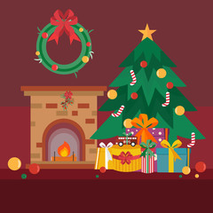 Obraz premium Fireplace with Christmas tree and gifts