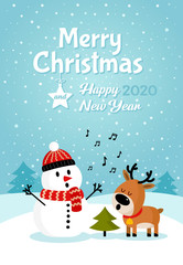 Snowman with deer singing song near Christmas tree