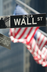 American flags flying behind a sign for Wall Street, symbol of American capitalism, in New York City