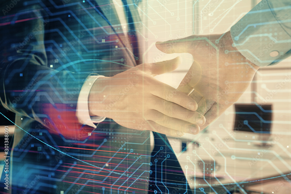 Poster double exposure of blockchain theme drawing on office background with two businessmen handshake. con