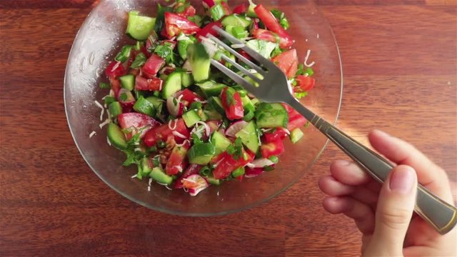 eat fresh salad with tomatoes cucumber parsley radish frist person view shot