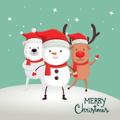 merry christmas poster with snowman and animals design