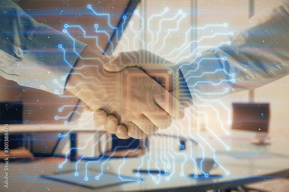 Poster double exposure of brain drawing on office background with two men handshake. concept of innovation