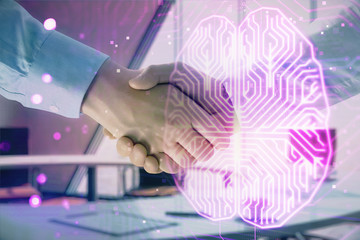 Double exposure of brain drawing on office background with two men handshake. Concept of innovation