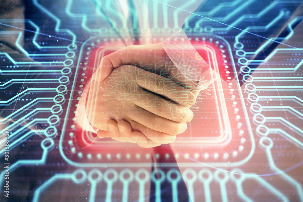 Poster multi exposure of human brain drawing on abstract background with two men handshake. concept of data