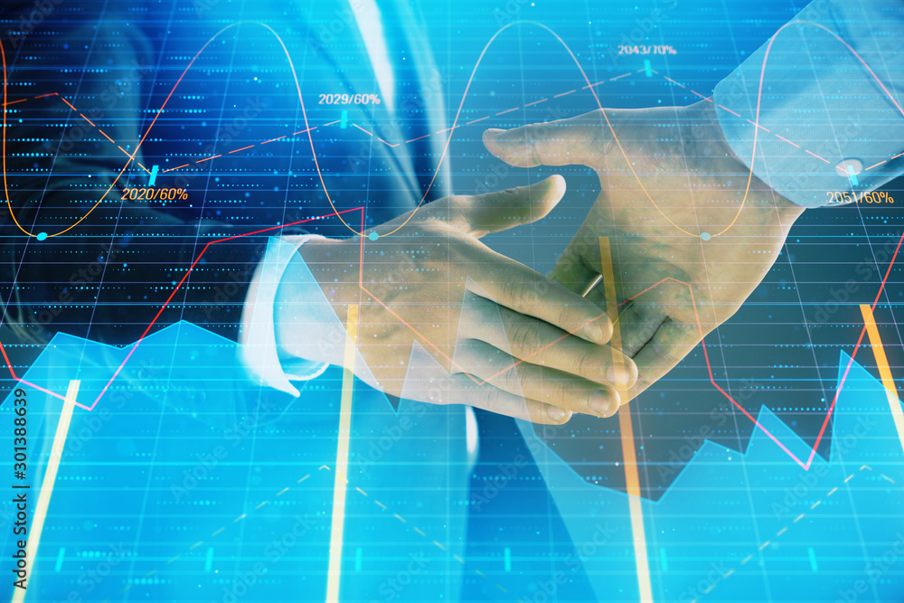 Poster multi exposure of forex graph on abstract background with two businessmen handshake. concept of succ