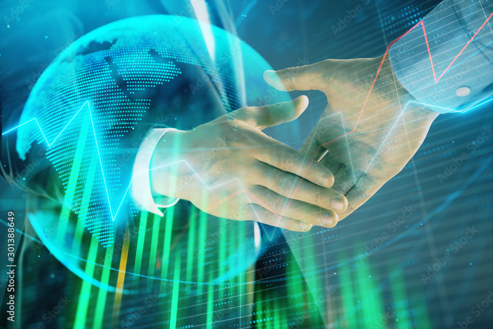 Poster multi exposure of forex graph and world map on abstract background with two businessmen handshake. c
