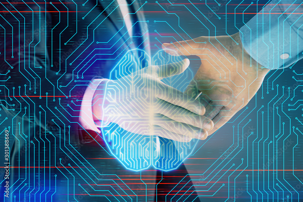 Aufkleber multi exposure of human brain drawing on abstract background with two men handshake. concept of data