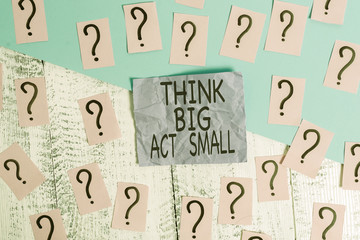Text sign showing Think Big Act Small. Business photo showcasing Great Ambitious Goals Take Little...