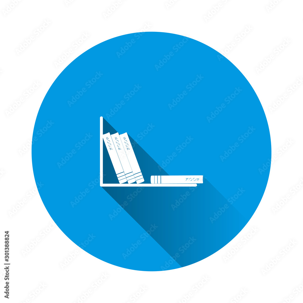 Poster vector image of books standing on a shelf. vector icon on blue background. flat image with long shad