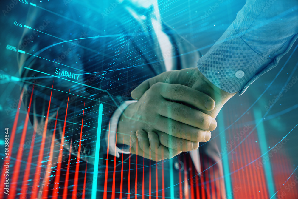 Poster multi exposure of forex graph on abstract background with two businessmen handshake. concept of succ